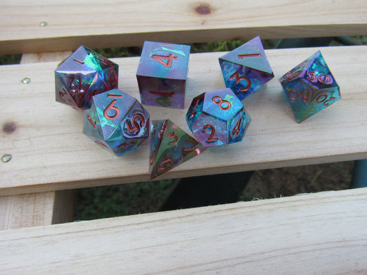 Dark Teal and Red Iridescent Sharp Resin Dice