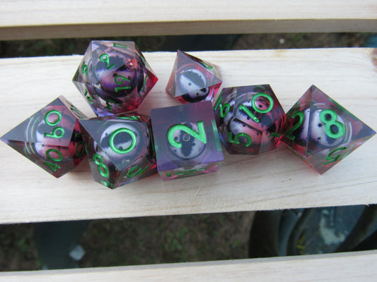 Purple, Red, and Green Eyeball Liquid Core Sharp Resin Dice