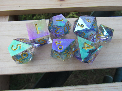 Light Teal and Purple Iridescent Liquid Core Sharp Resin Dice