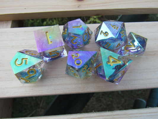 Light Teal and Purple Iridescent Liquid Core Sharp Resin Dice