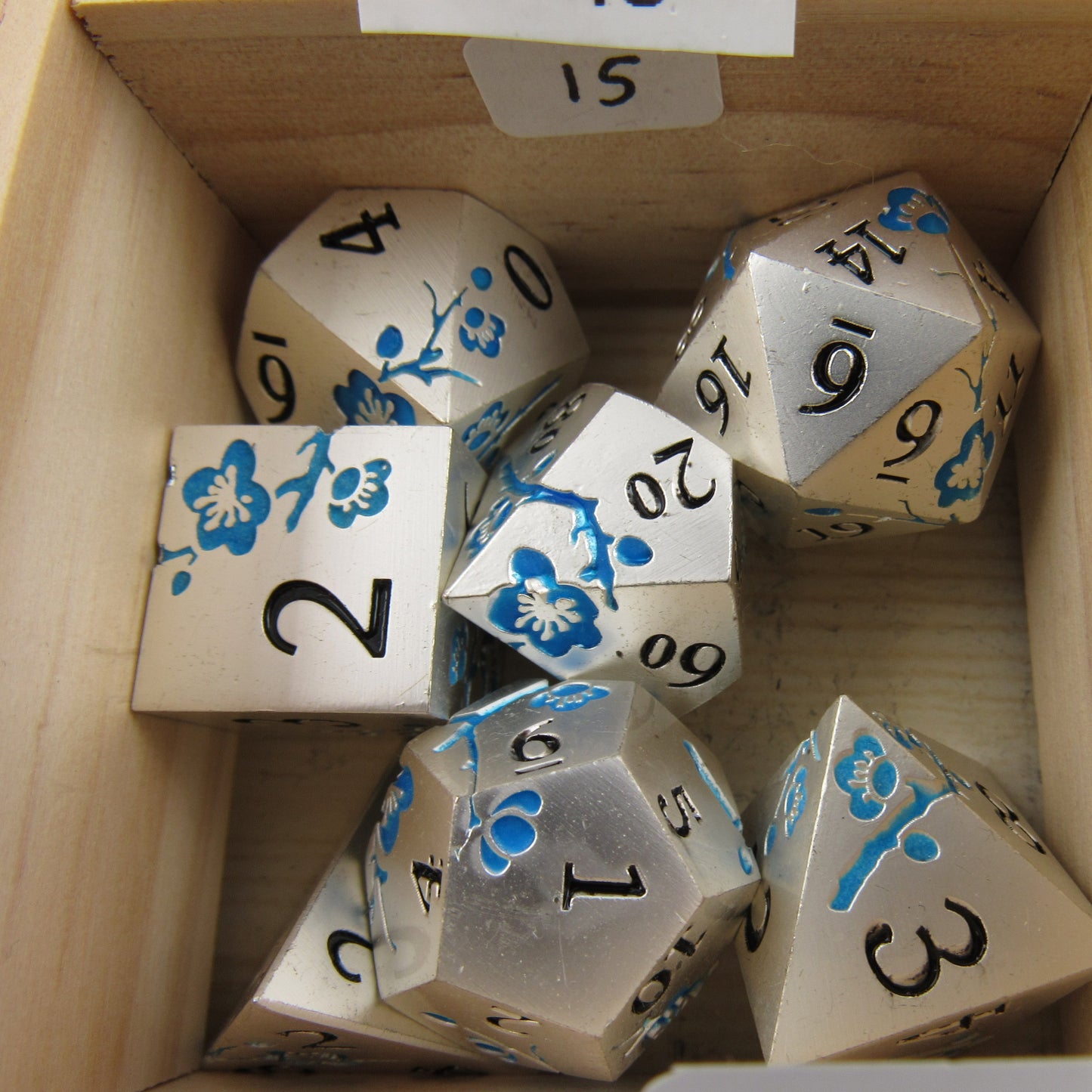 GLOW Silver and Blue Plum Blossom Dice