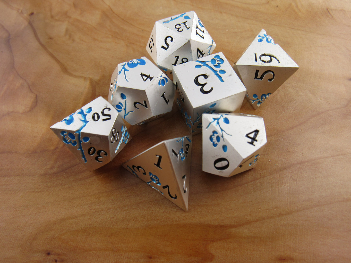 GLOW Silver and Blue Plum Blossom Dice