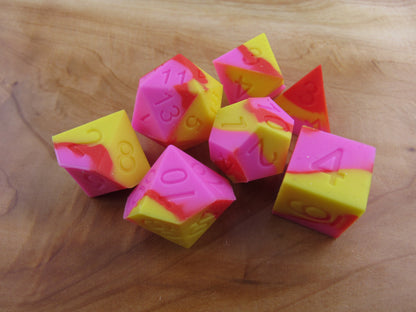 Yellow, Pink, and Red Silicone Dice