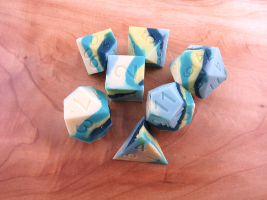 Yellow, Green, and Blue Silicone Dice
