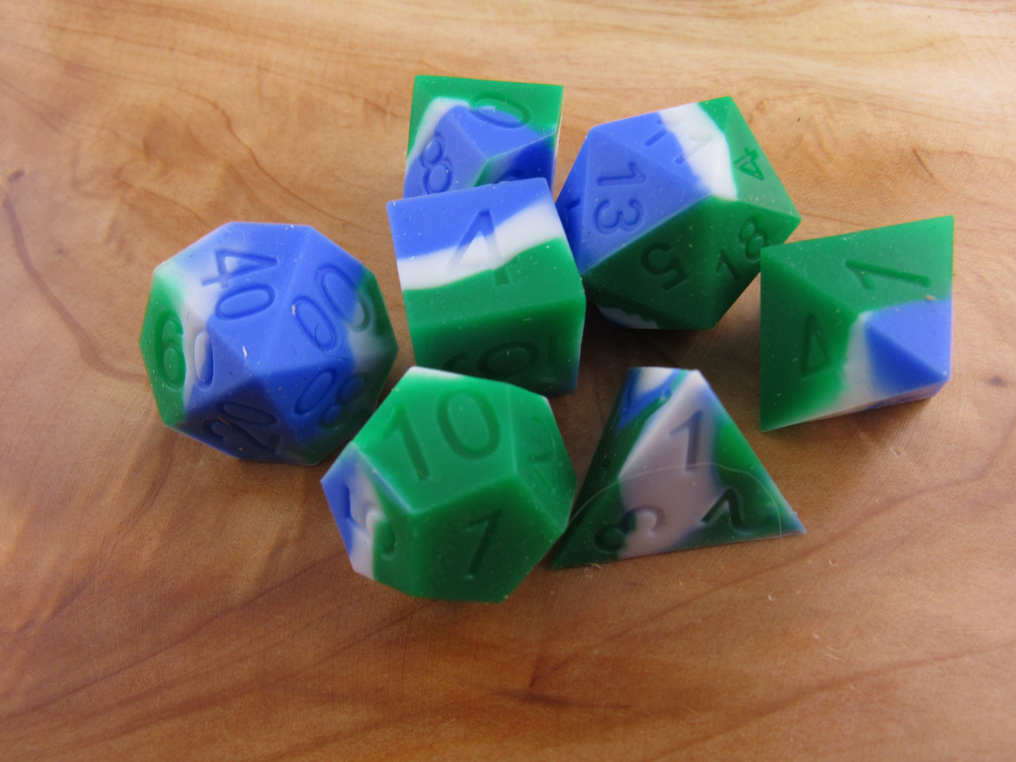 Blue, Green, and White Silicone Dice