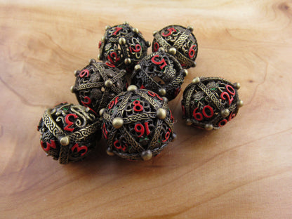 Antique Brass and Red Hollow Spherical Dice