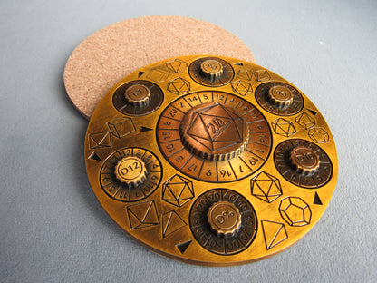 Decorative brass plate with geometric designs and numbers on a gray background dice dnd dungeons and dragons