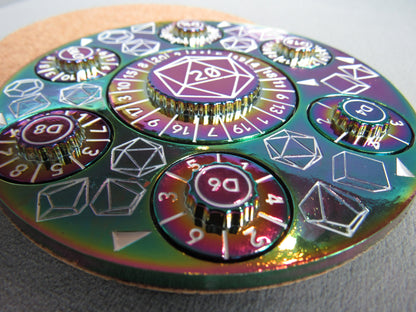 Colorful spinner with dice and geometric designs on a wooden base rainbow plated dungeons and dragons 