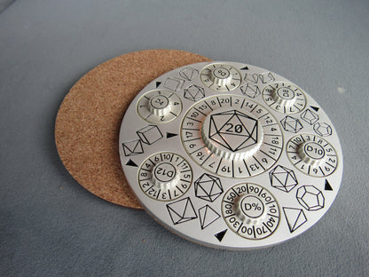 Circular metal die with d20 design on a gray surface dungeons and dragons dice