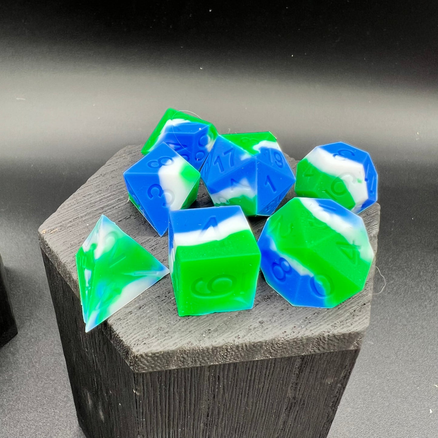 Blue, Green, and White Silicone Dice