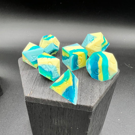 Yellow, Green, and Blue Silicone Dice