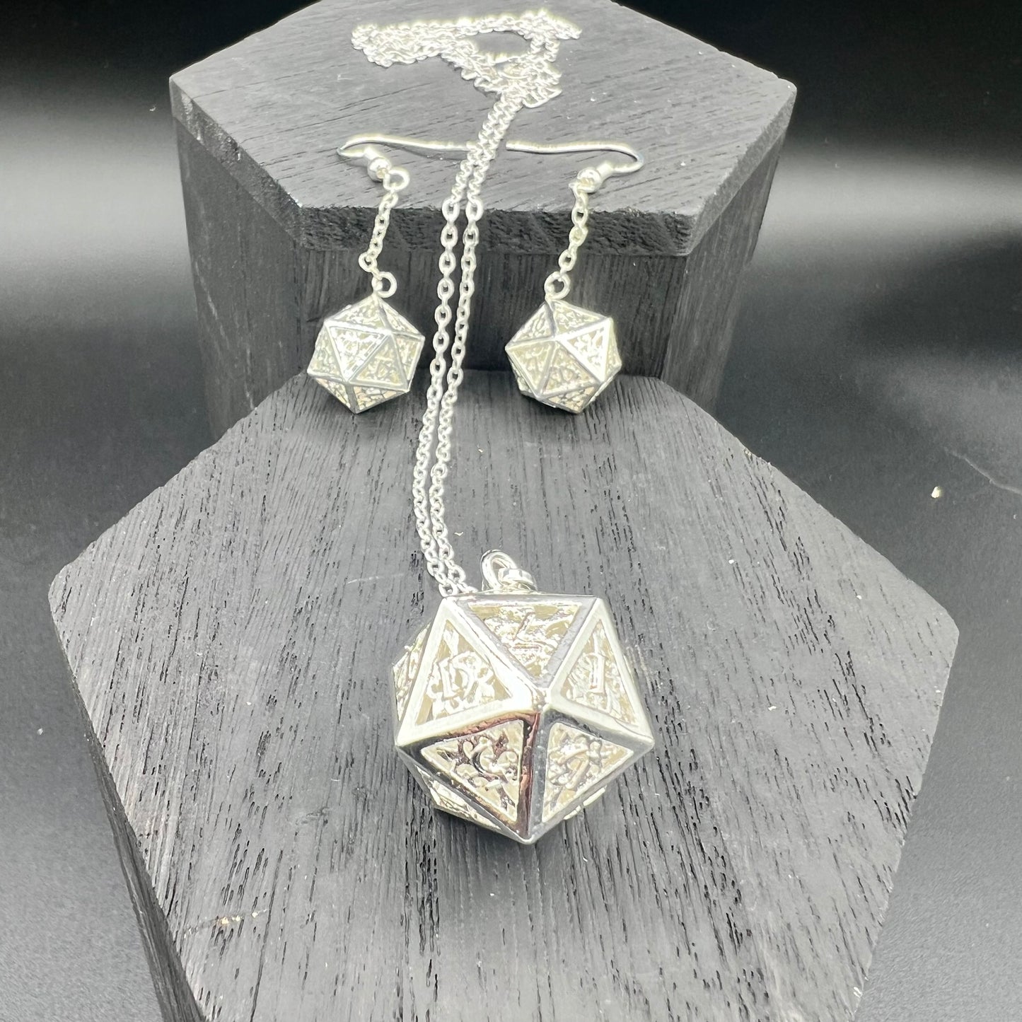 Silver D20 Necklace and Earring Set