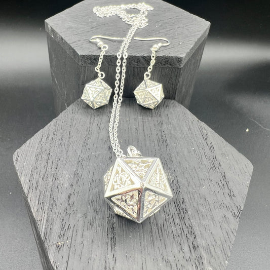 Silver D20 Necklace and Earring Set