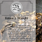 Tea packaging for 'Kenku's Draught' with text and tea leaves on a dark background