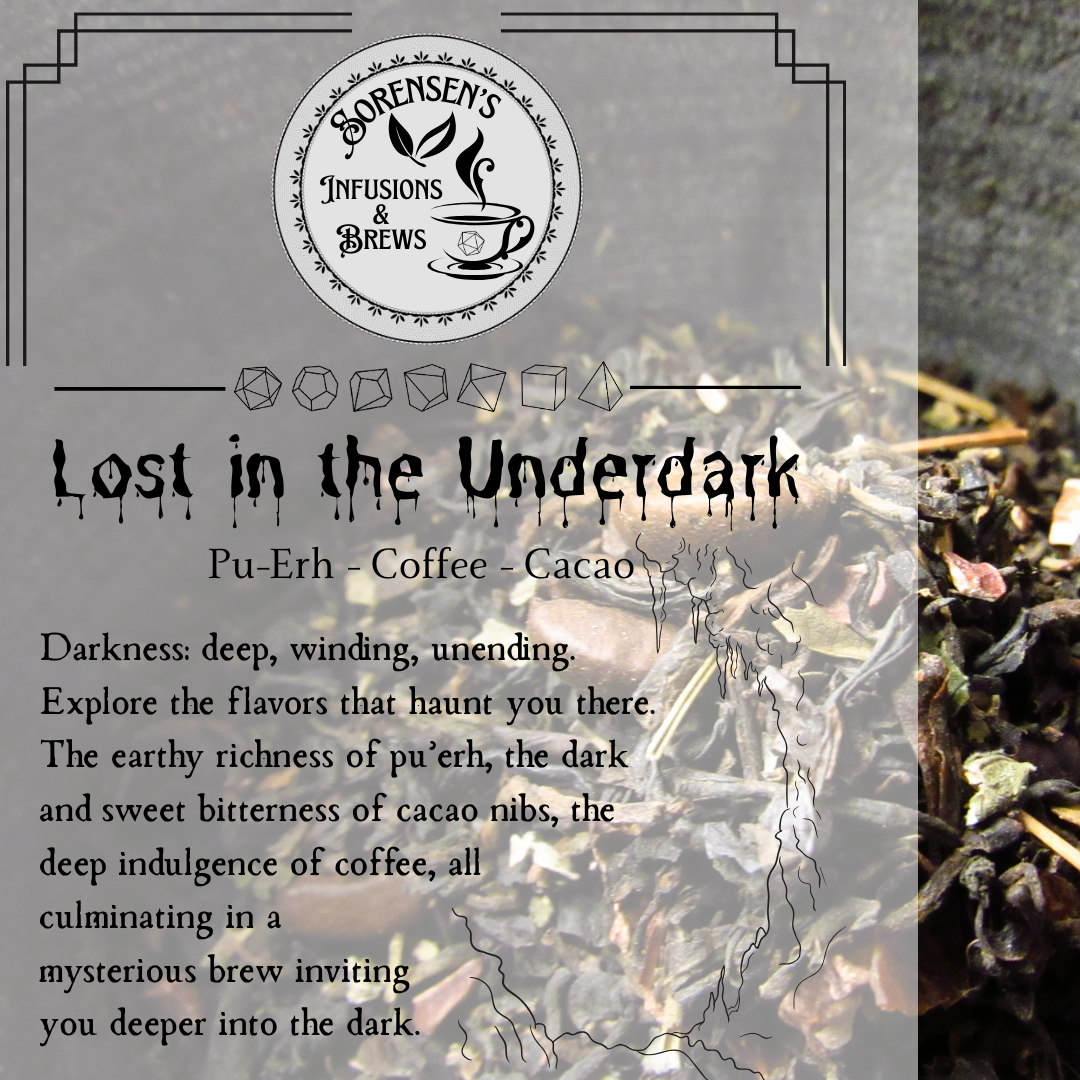 Tea blend with text and brand logo on a textured background