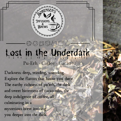 Tea blend with text and brand logo on a textured background