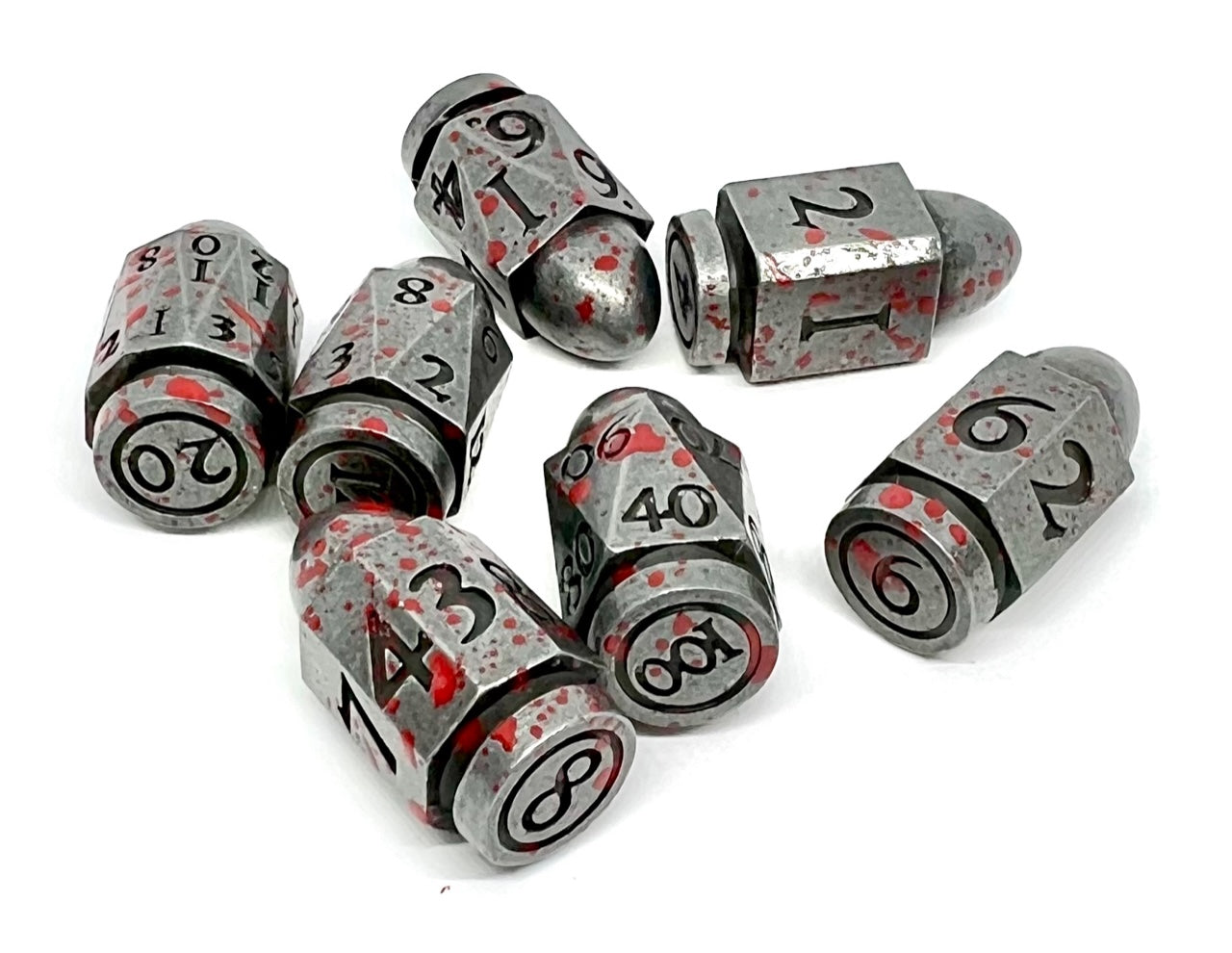 MB-02 Silver-With-Blood-Splatter, Bullet, Metal Dice Set