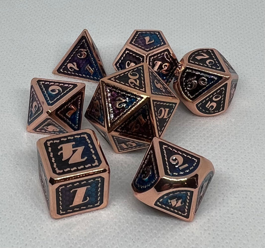 DS-02 Teal-and-Purple-on-Copper, Dragon-Scale, Metal Dice Set