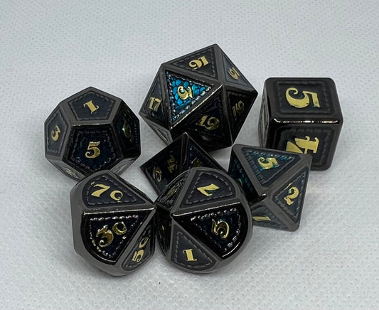 DS-05 Teal-on-Black, Dragon-Scale, Metal Dice Set