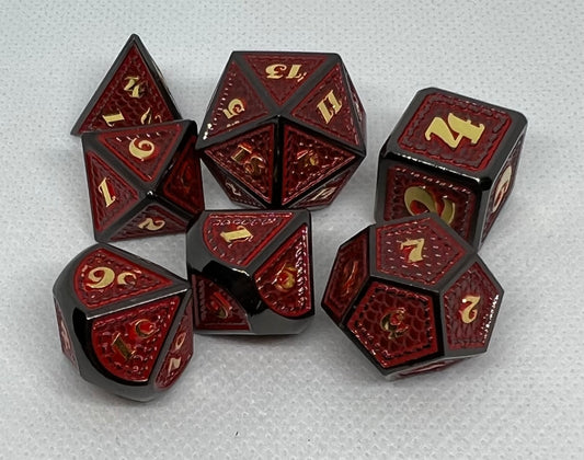 DS-06 Red-on-Black, Dragon-Scale, Metal Dice Set