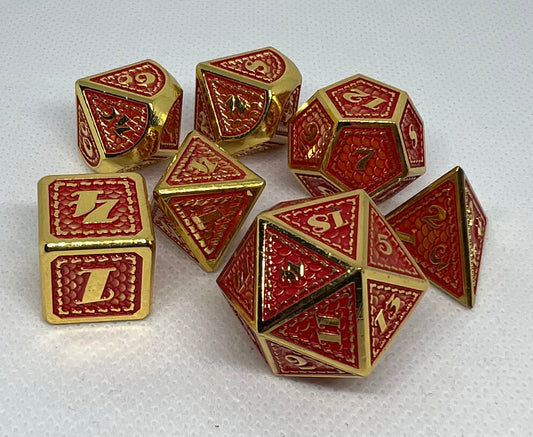 DS-08 Red-on-Gold, Dragon-Scale, Metal Dice Set