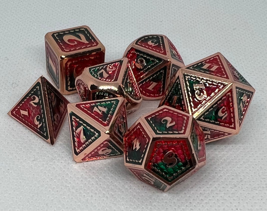 DS-09 Red and-Green-on-Copper, Dragon-Scale, Metal Dice Set