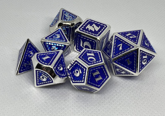 DS-10 Blue-on-Silver, Dragon-Scale, Metal Dice Set