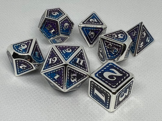 DS-11 Blue-and-Purple-on-Silver, Dragon-Scale, Metal Dice Set