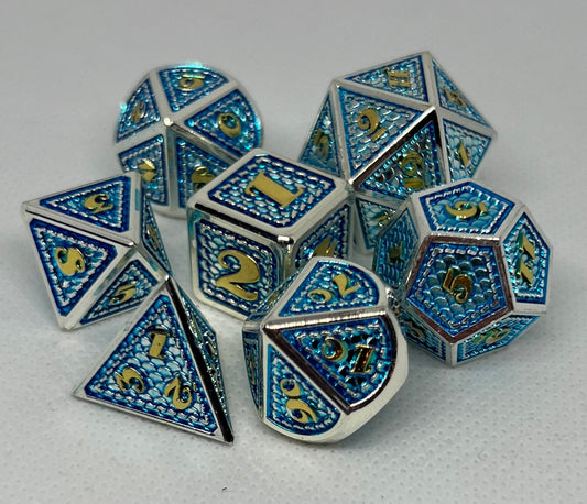 DS-13 Azure-on-Silver, Dragon-Scale, Metal Dice Set