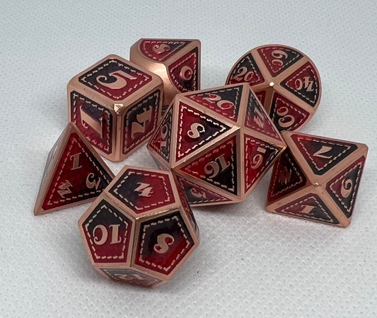 DS-15 Red-and-Purple-on-Matte-Copper, Dragon-Scale, Metal Dice Set