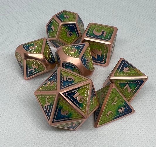 DS-17 Blue-and-Green-on-Matte-Copper, Dragon-Scale, Metal Dice Set