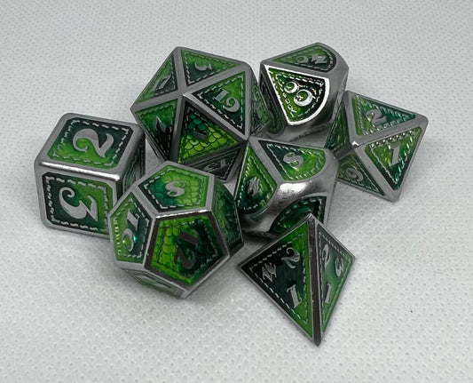 DS-18 Double-Green-on-Matte-Silver, Dragon-Scale, Metal Dice Set