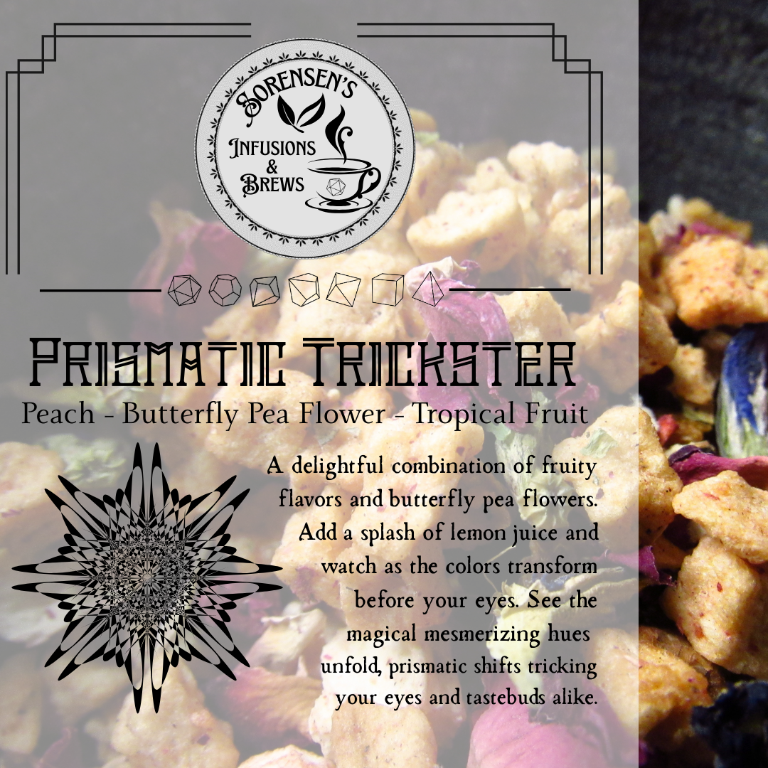 Tea blend with butterfly pea flowers and tropical fruits, featuring Sorenson's Infusions & Brews branding.