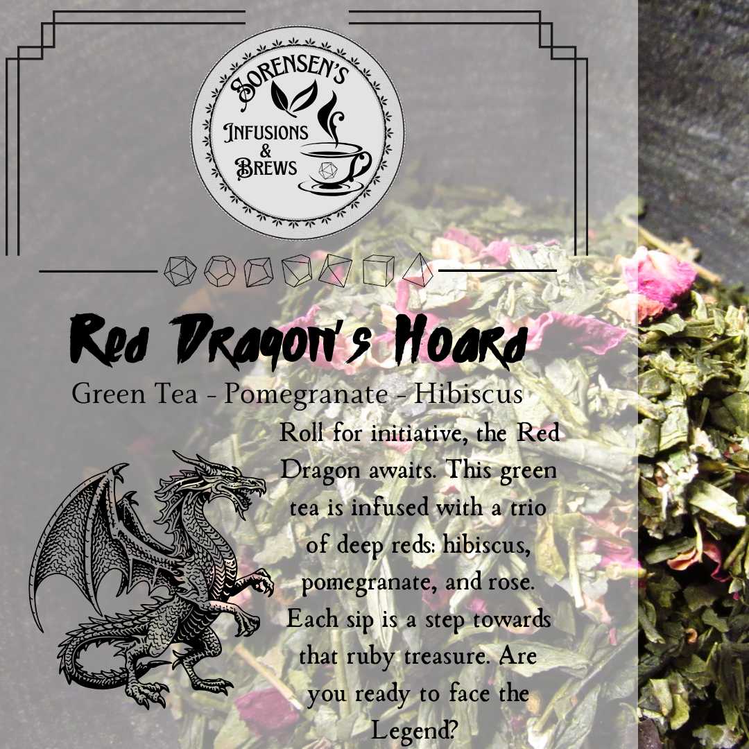 Tea packaging with green tea leaves, dragon illustration, and text about Red Dragon's Hoard tea.