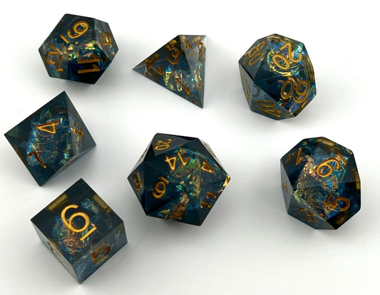 SE-02 Dark-Cyan-With-Gold-Numbers, Sharp-Edged, Resin Dice Set