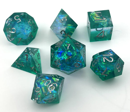 SE-14 Green-and-Blue, Sharp-Edged, Resin Dice Set