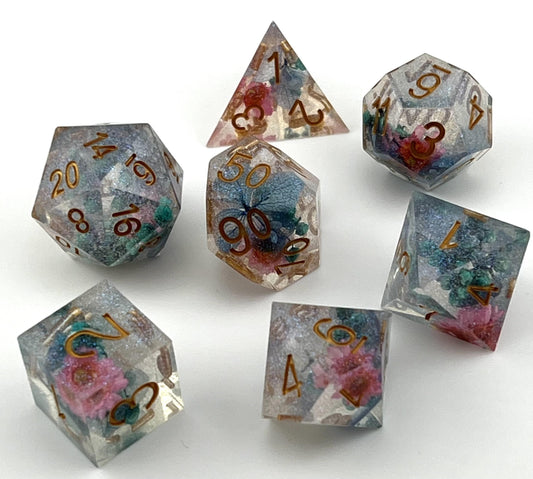 SF-01 Blue-Leaves-With-Pink-Flowers-and-Glitter, Flower-Series, Sharp-Edged, Resin Dice Set