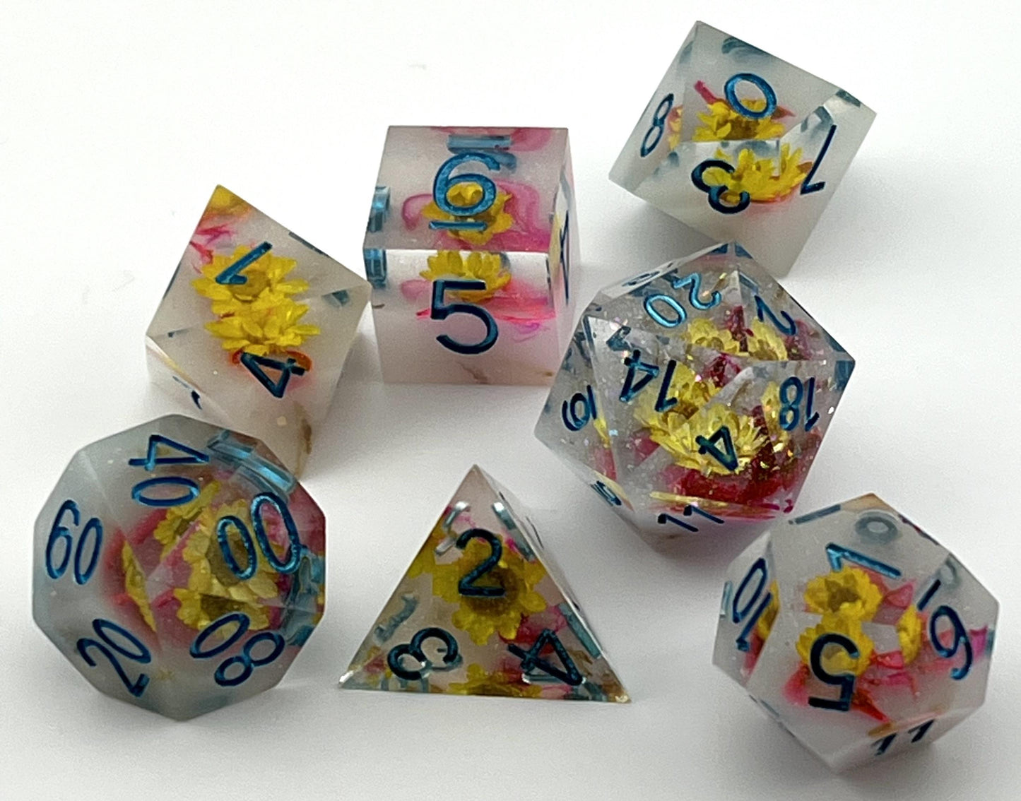 SF-02 Yellow-Flowers-With-Pink Swirl, Flower-Series, Sharp-Edged, Resin Dice Set