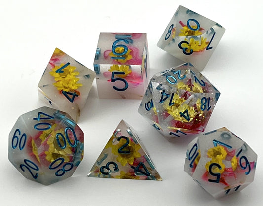 SF-02 Yellow-Flowers-With-Pink Swirl, Flower-Series, Sharp-Edged, Resin Dice Set