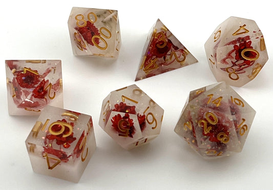 SF-03 Red-Flowers-With-Red Swirl, Flower-Series, Sharp-Edged, Resin Dice Set