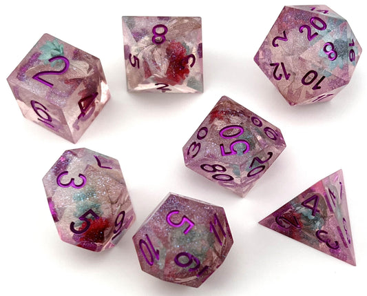 SF-05 Red-Flowers-With-Glitter, Flower-Series, Sharp-Edged, Resin Dice Set