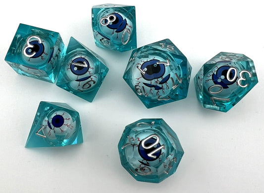 SL-11 Blue, Floating-Eyeball, Liquid-Core-Series, Sharp-Edged, Resin Dice Set