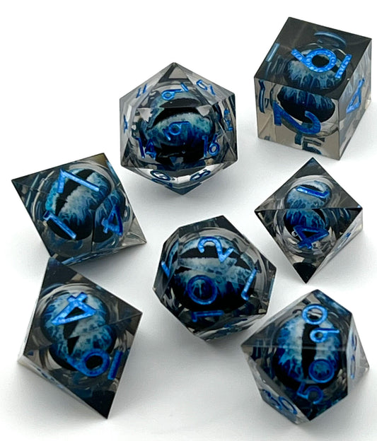 SL-22 Blue, Floating-Dragon-Eye, Liquid-Core-Series, Sharp-Edged, Resin Dice Set
