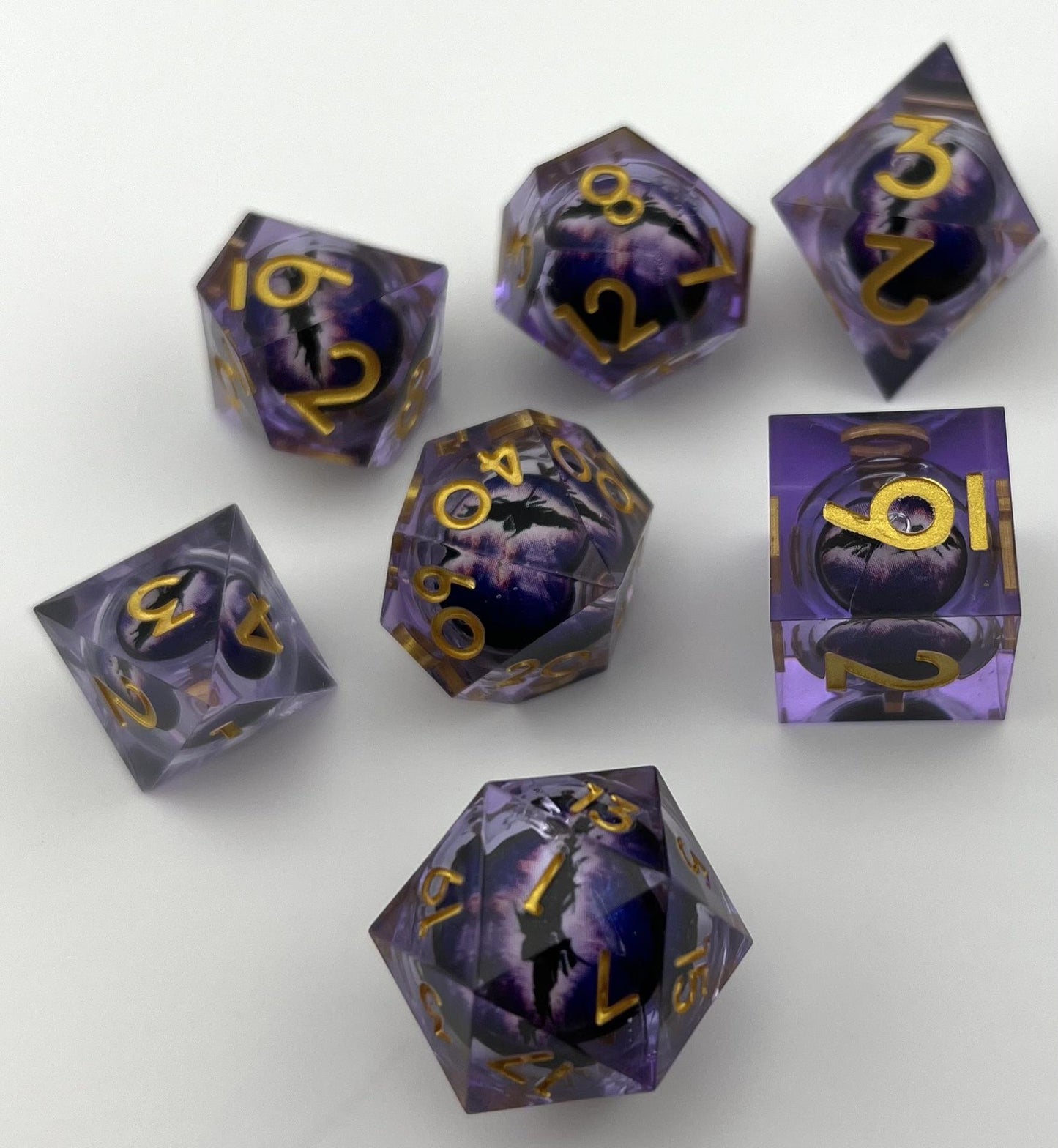 SL-23 Purple, Floating-Dragon-Eye, Liquid-Core-Series, Sharp-Edged, Resin Dice Set