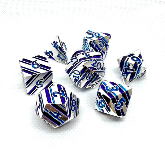 SM-08 Purple-and-Blue-Stripes-on-Silver, Metal Dice Set
