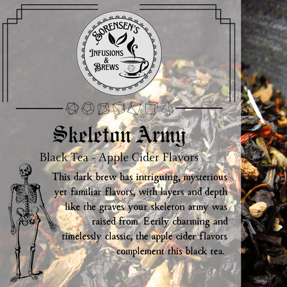 Tea packaging for 'Skeleton Army' black tea with apple cider flavors, featuring a skeleton illustration and brand logo.