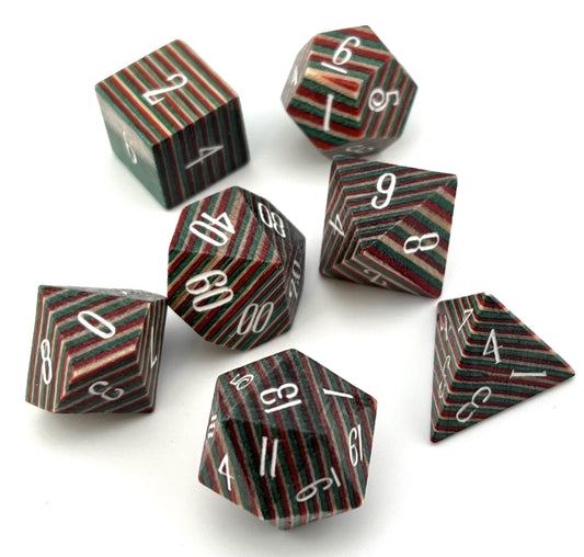 WD-08 Wood-Laminate, Tri-Colored (Green, Red and Creme) Dice Set