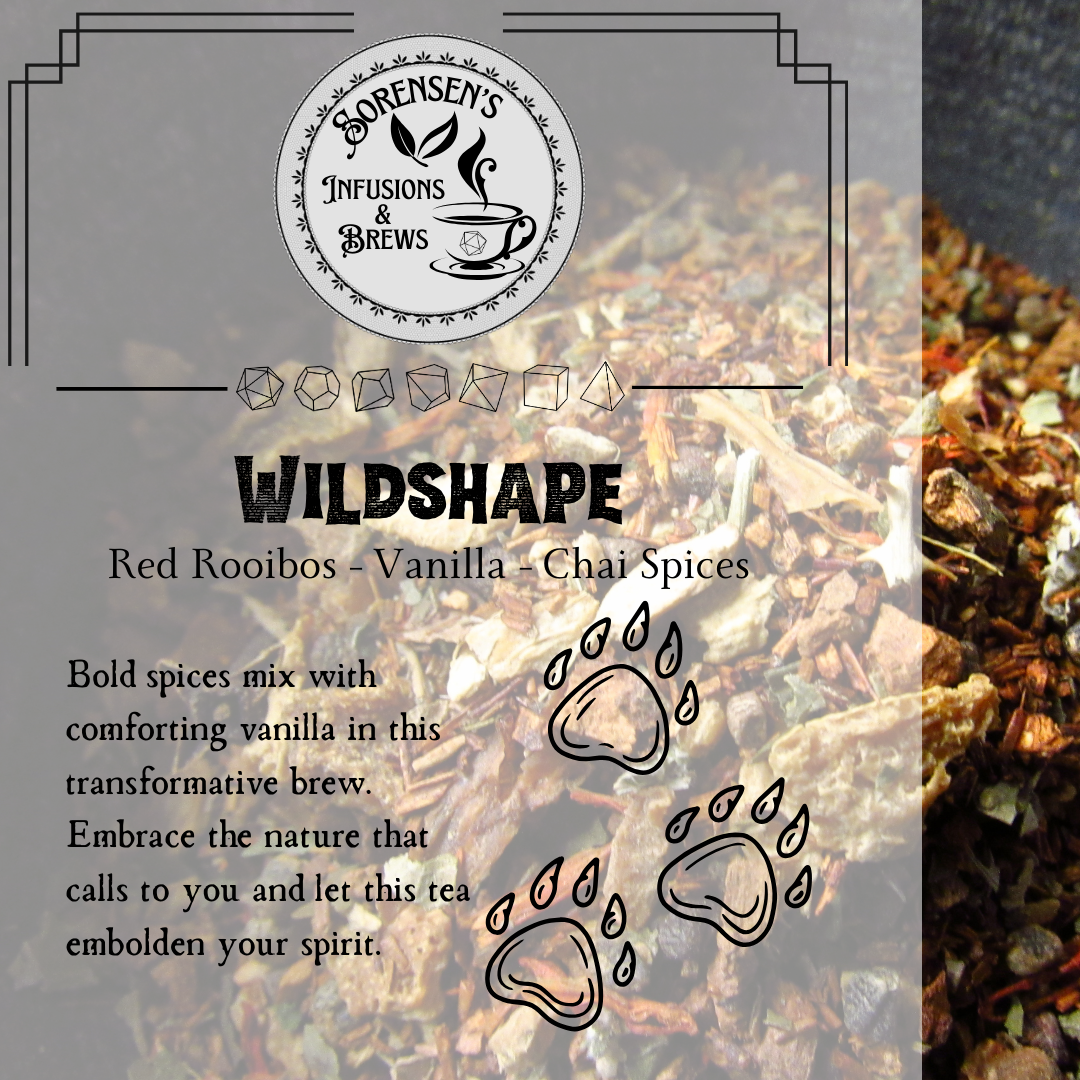 Tea packaging with 'Sorensen's Infusions & Brews' logo and tea description on a dark background.