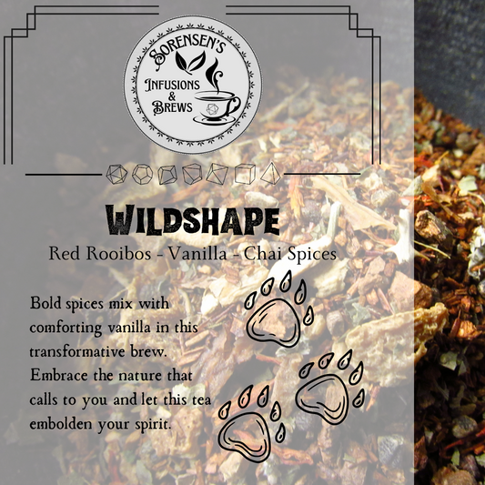 Tea packaging with 'Sorensen's Infusions & Brews' logo and tea description on a dark background.