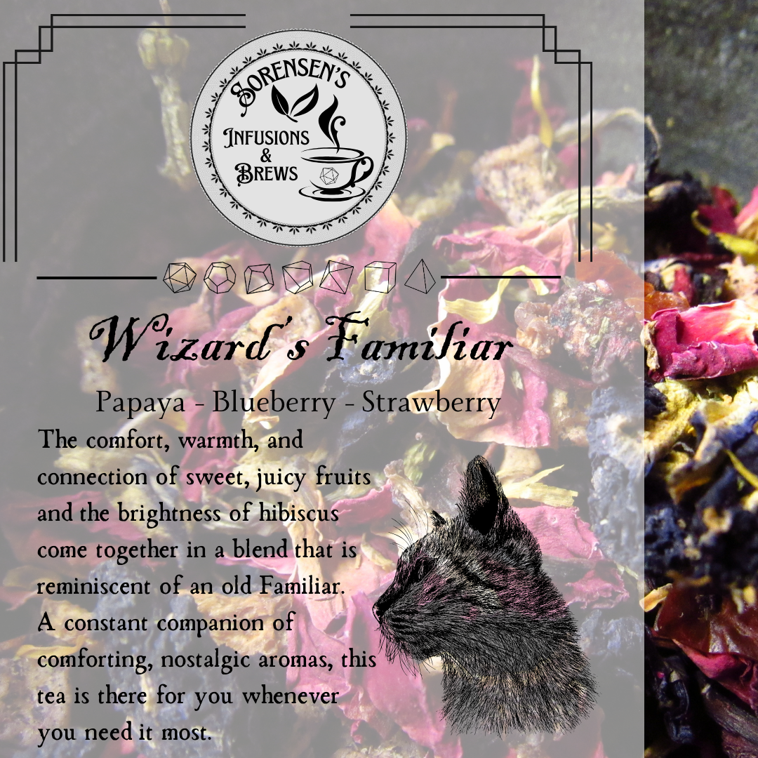 Tea packaging with a wolf illustration and colorful tea leaves, featuring Sorensen's Infusions & Brews branding.